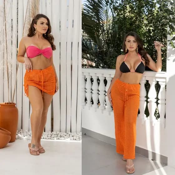 Combo Saida de praia com Saia e Calça Feminina Praia Piscina com Ajuste Verão 2025