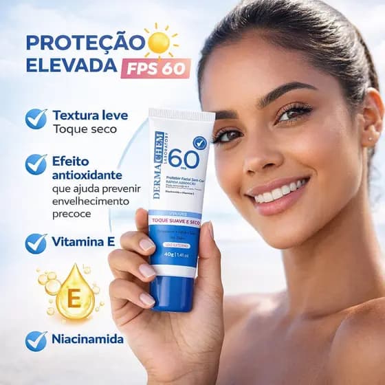 Protetor Solar Facial Sem Cor Dermachem FPS60 Niacinamida Toque Seco Com Vitamina E Efeito Matte 40g
