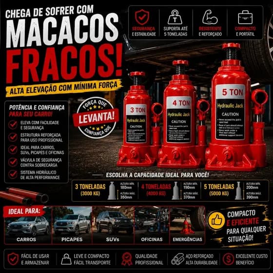 Macaco Hidráulico Tipo Garrafa 3T 4T 5T Compacto Reforçado para Carros e Oficinas