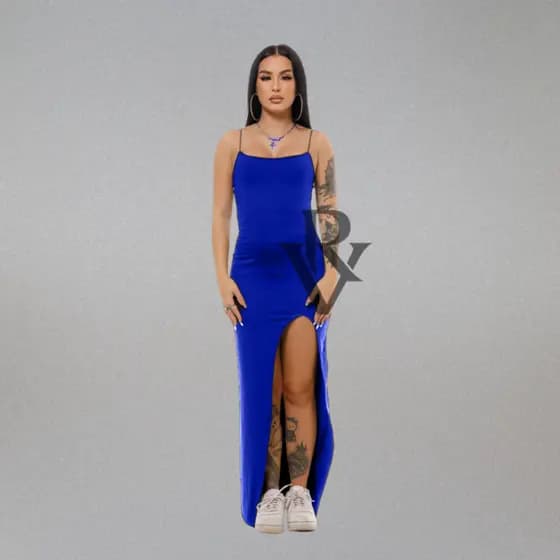 Vestido Longo Alcinha Fina Midi Fenda Lateral SUPLEX Premium