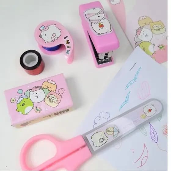 Kit Escolar Mini Grampeador, Tesoura e Fita Decorativa