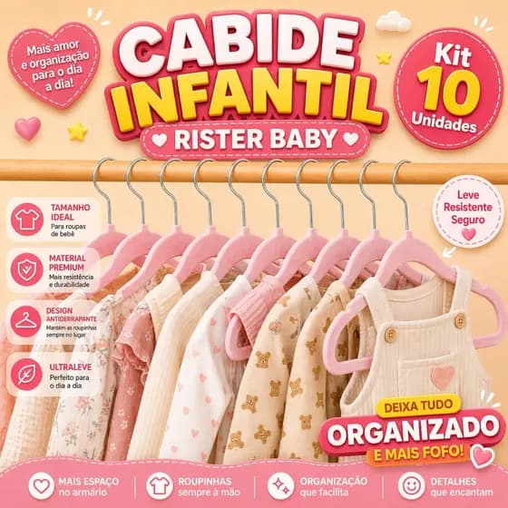 Kit 10 Cabides Veludo Infantil Bebê Rister Baby Fino Antideslizante