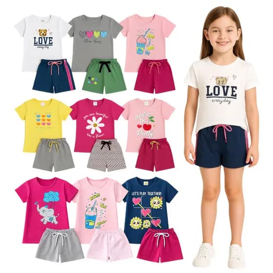 Kit 10 Peças Infantil Meninas Shorts Moletinho 5 Camisetas Algodão e 5 Shorts
