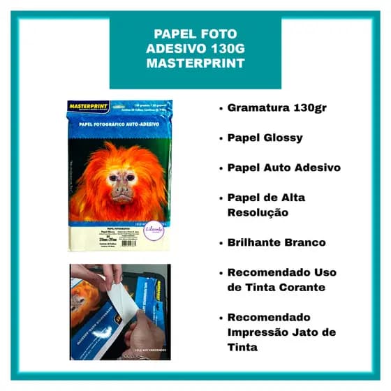 Papel Fotográfico Adesivo Brilhante Glossy 130g tamanho A4 MASTERPRINT - 200 Folhas