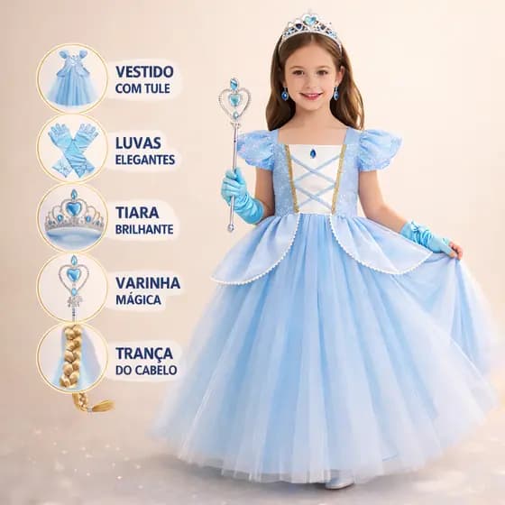 Fantasia Princesa Cinderela Infantil Luxo + Kit Completo Vestido Tiara Luva Varinha
