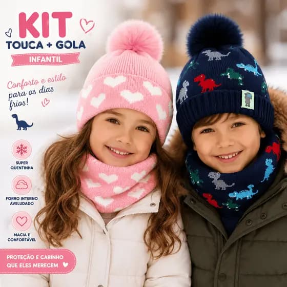 Kit Touca Infantil Com Gola Forrada Inverno Menino Menina Coração Dinossauro Feminina Masculina
