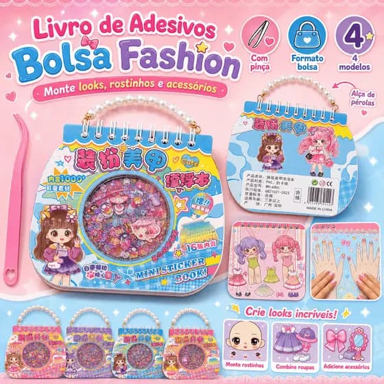 Livro de Adesivos Infantil Bolsa Fashion Boneca DIY com Pinça