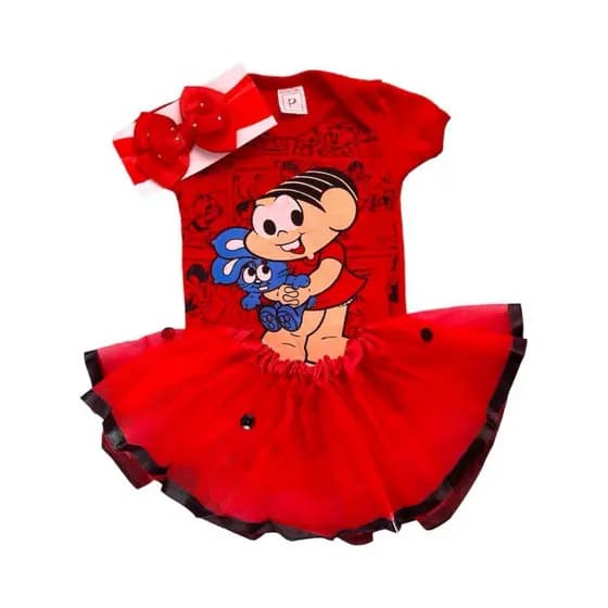 Kit Body Bebê Turma da Mônica + Faixa Laço e Saia Tule Menina Mesversário