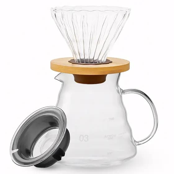 Kit Coador De Café Vidro V60 101 ou 102 Com Argola de Bambu e Jarra de Vidro com 800ML