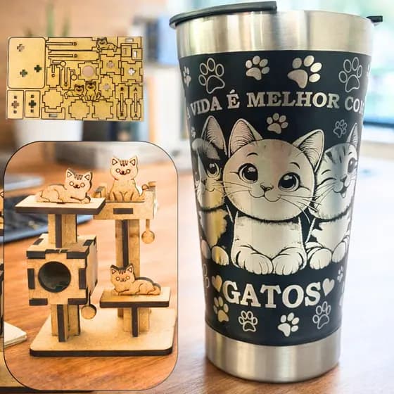 Copo Térmico Personalizado 360° Gatos 500 ml Qualidade Premium + Quebra cabeça 3D Enfeite Mdf Gatos