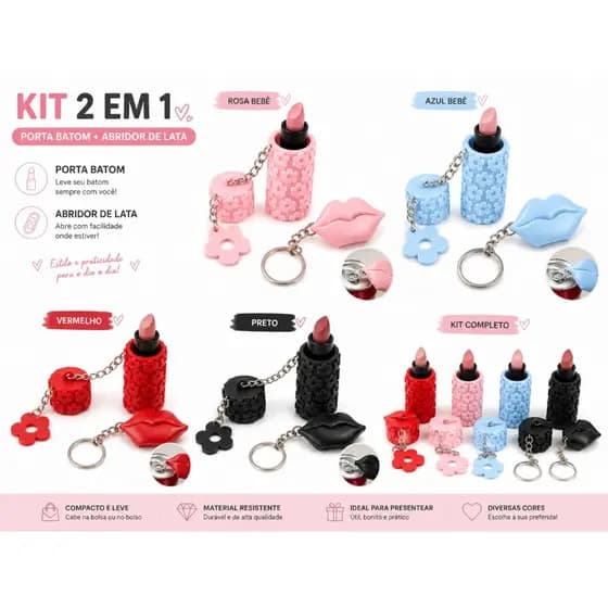 Kit Garota com 2 Chaveiros Porta Batom Balm Florzinhas + Chaveiro Abridor de Latas Bocão