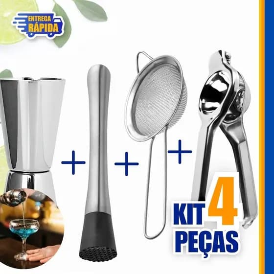 Kit 4 peças Peneira 12", Espremedor de limão, Socador, Dosador duplo 25 e 50 ml Inox Bartender Prof