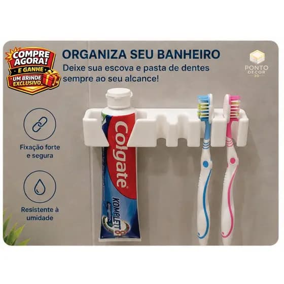 Suporte Escova e Pasta de Dente Parede c/ Dupla Face Organizador Banheiro Sem Furos moderno prático