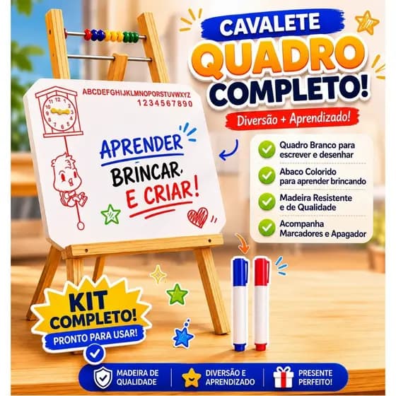 Lousa Quadro Branco Infantil Com Cavalete + 2 Canetas + Apagador