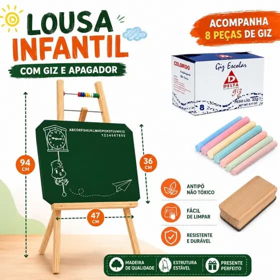 Lousa Quadro Verde Infantil C/ Cavalete + Giz E Apagador