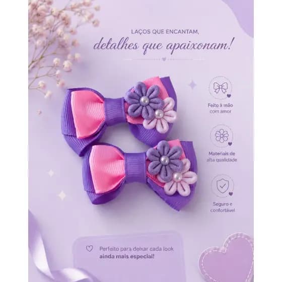 Parzinho de Laços para Bebê e Infantil com Borrachinha Antideslizante Rosa e Lilás | Acessório de Cabelo