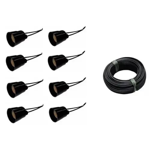 Kit com 8 unidades de soquete para lampada com rabicho ~ 10 metros de fio ~ soquete com bocal e 27 rabicho