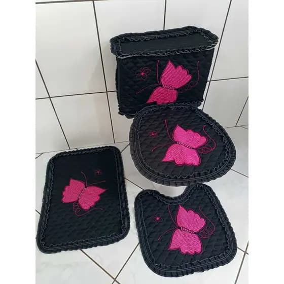 Jogo de banheiro de borboleta kit tapetes com 4 peças tecido metalace capa para caixa acoplada