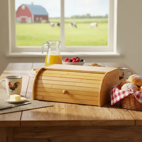 Porta Pão Bambu Com Tampa Retrátil 40X27X16CM Perfeita Para Armazenar Pães Bolachas Resistente