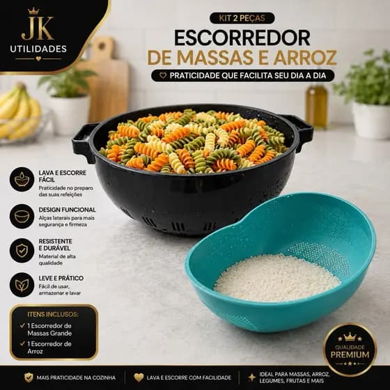 Escorredor De Arroz e massas multiuso com alças e lavador de Legumes de Plástico - Com Encaixe de Mão