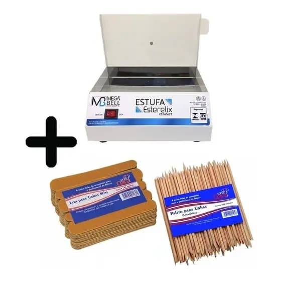 Kit Estufa Esterilizador Manicure + 144 Mini Lixas + 100 Palitos Podologia