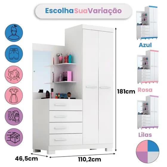 Guarda Roupa Infantil com Espelho 2 portas 4 gavetas ACP Flex BRANCO / LILAS / ROSA / AZUL
