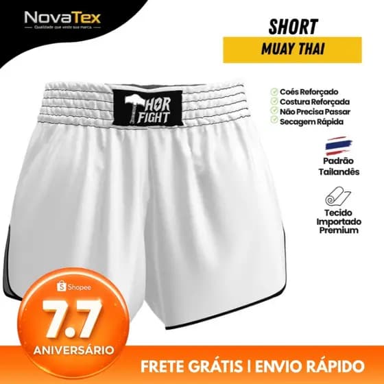 Short Muay Thai Tradicional Branco Liso Unissex Básico Alta Qualidade para Treino e Luta
