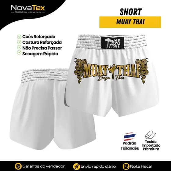 Short Muay Thai Branco Dragon Thai Dourado Unissex Alta Qualidade para Treino e Luta