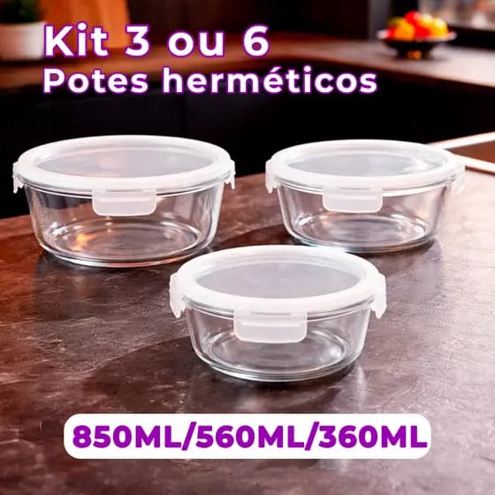 Conjunto 3 ou 6 Potes de Vidro Herméticos Redondo 850ML 560ML 360ML Kit Microondas e Freezer