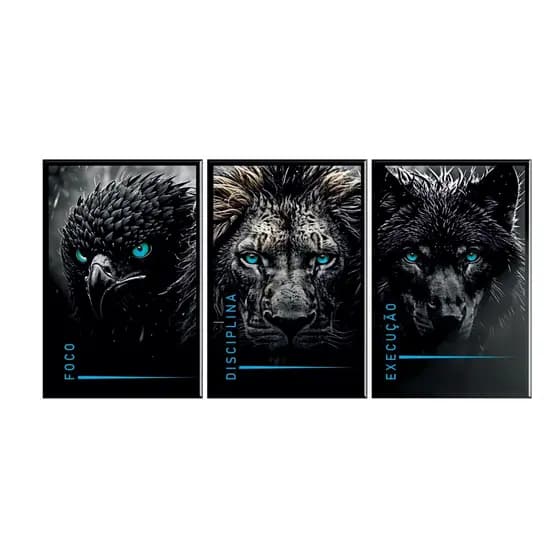 Quadro Decorativo Motivação Foco Execução Disciplina Águia Lobo Leão 50X30 LUXO pREMIUM