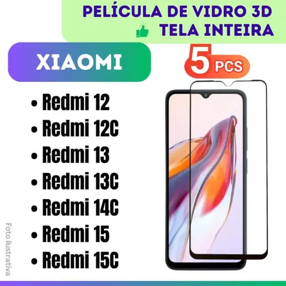 Kit 5 Película de Vidro 3D Para Xiaomi Redmi 12 / 12C / 13 / 13C / 14C / 15 / 15C / Protetor Cobre Tela Inteira.
