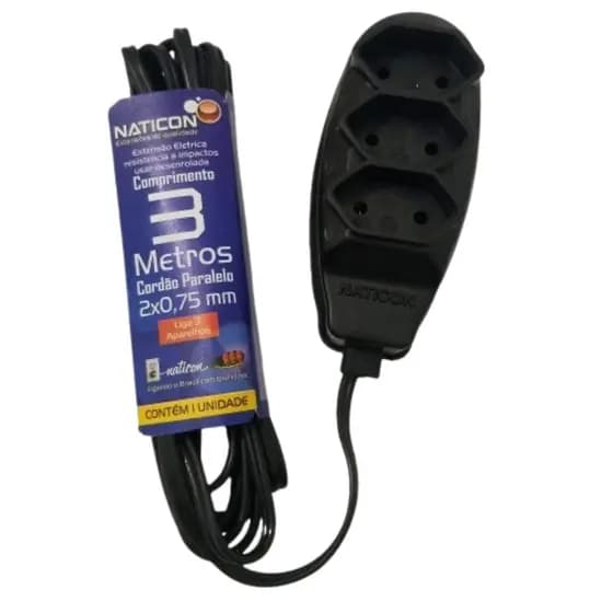 Extensão Elétrica 3 Metros Bivolt Preto 3 Tomada Bipolar