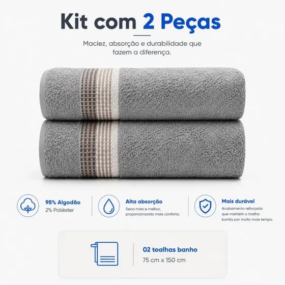 Kit 2 Toalhas de Banho 62x130cm Vênus 340g/m² Macia Alta Absorção Confortável Secagem Rápida Camesa