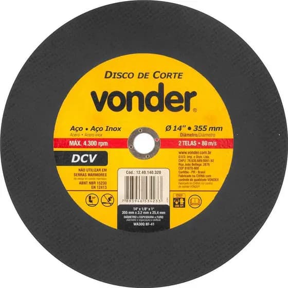 Disco de corte 14" 355,0 mm x 3,2 mm x 25,40 mm, DCV, VONDER