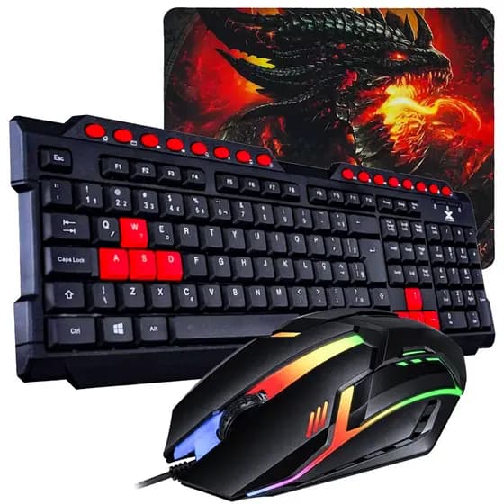 Kit Gamer com Teclado ABNT2, Mouse LED 1200 DPI e Mousepad Estampado