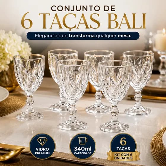 Conjunto de 6 Taças de Vidro Bali 340ml | Taças Elegantes para Água, Suco, Drinks e Mesa Posta