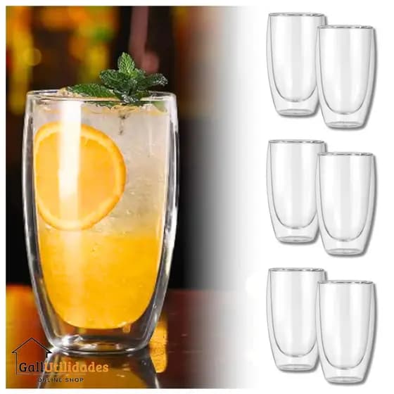 Copo Parede Dupla 450ml 6 Unidades Copo de Vidro Grande Isolante Térmico