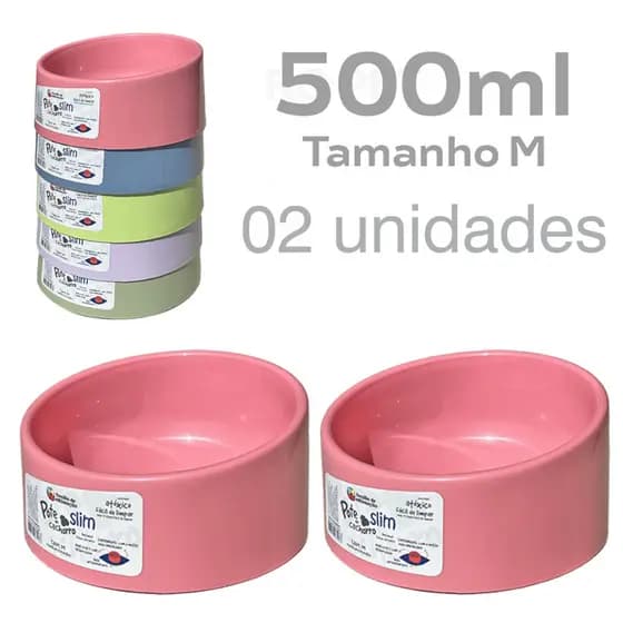 2 Pote Comedouro Bebedouro Slim Médio 500ml para Cachorro Família Estimação