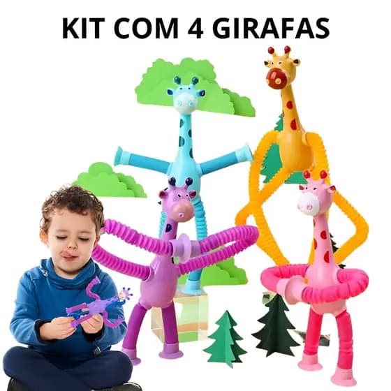 Brinquedo Girafas Pop Tube de Sucção e Luz LED Estica, Dobra e Diverte