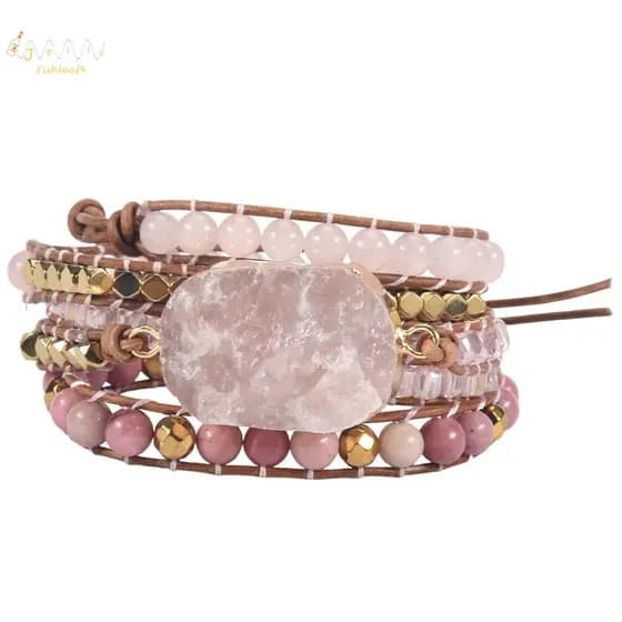 Pulseira Rosa Quartzo Couro Envoltório Pulseiras Para Mulheres Gemas Contas De Cristal Jóias