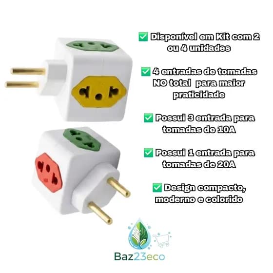 Kit 2 ou 4 Adaptadores de Tomada Cubo Colorido Universal | 4 Entradas | 10A e 20A | 2 e 3 Pinos | Pino Faca