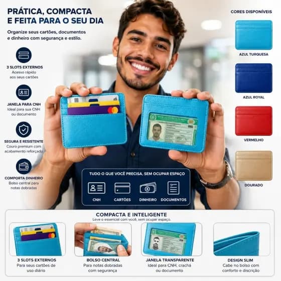 Carteira Porta Cartao Pocket Slim Pequena Barata Colorida Couro Legitimo