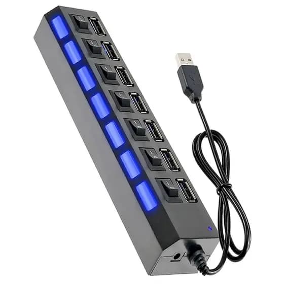 Hub USB 7 Portas 2.0 com LEDs Indicadores e Botões ON/OFF Individuais Exbom UH-2S7