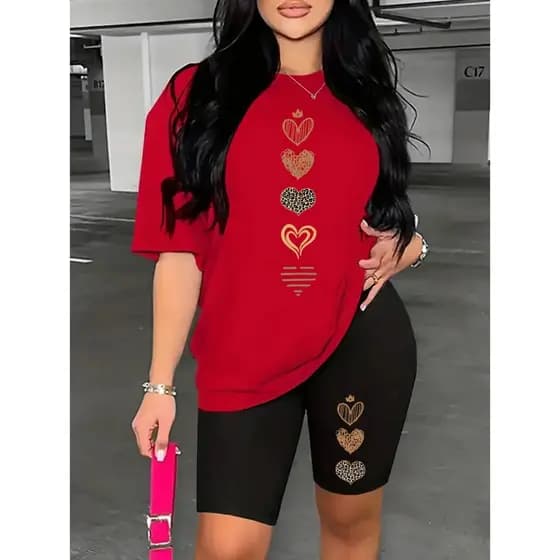 CONJUNTO FEMININO ACADEMIA CAMISETA+BERMUDA LEGGING CÓS ALTO CORAÇÕES