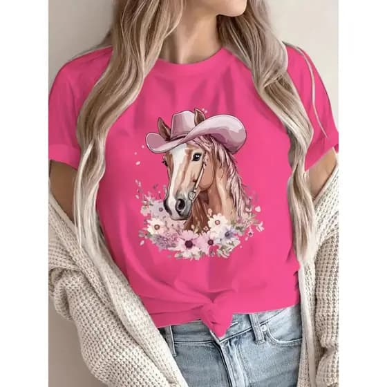 Camiseta Feminina Basica Casual Algodão100% Estilo Country Cavalo Chapéu