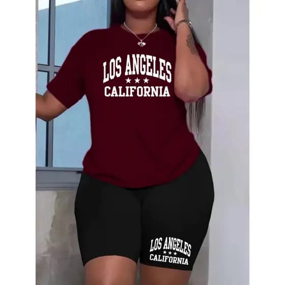 CONJUNTO FEMININO CAMISETA+BERMUDA LEGGING ACADEMIA CÓS ALTO LOS ANGELES CALIFORNIA