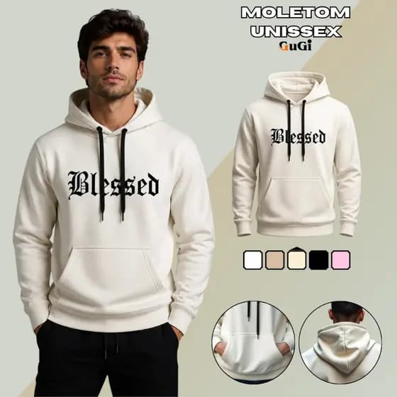 Moletom Canguru Unissex Com Capuz E Bolso Estampa Blessed GuGi Blusa De Frio Algodão Plus Size
