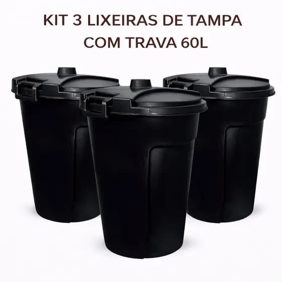 3 Cestos Lixeiras 60Litros Trava Tampa Organizador Água Roupas Lixo