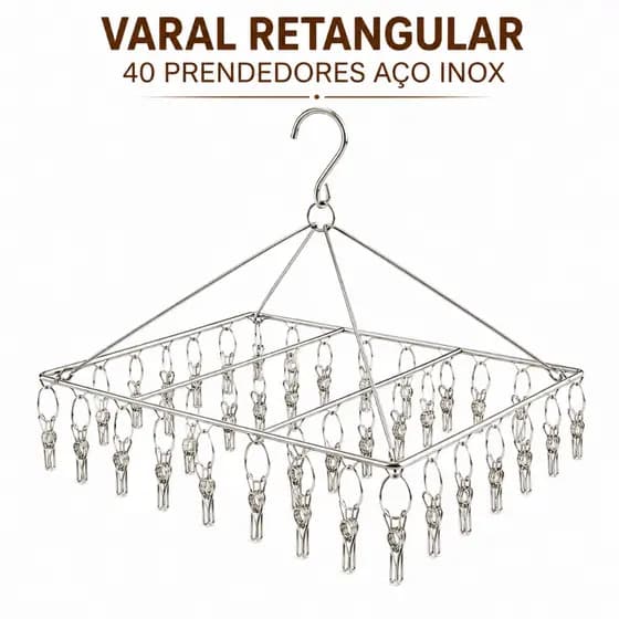 Varal Retangular Aço Inox com 40 Prendedores Resistente e Durável