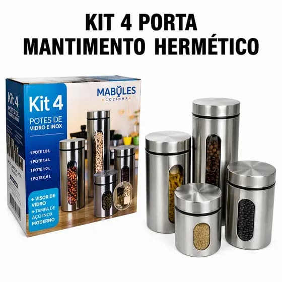 4 Porta Mantimentos Inox Hermético com Visor Cozinha Organizada